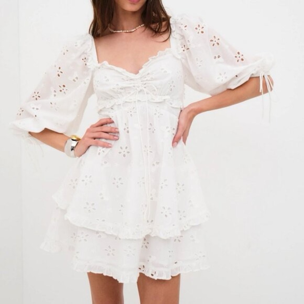 For Love & Lemons Fletcher Eyelet Embroidered Cotton Minidress in White